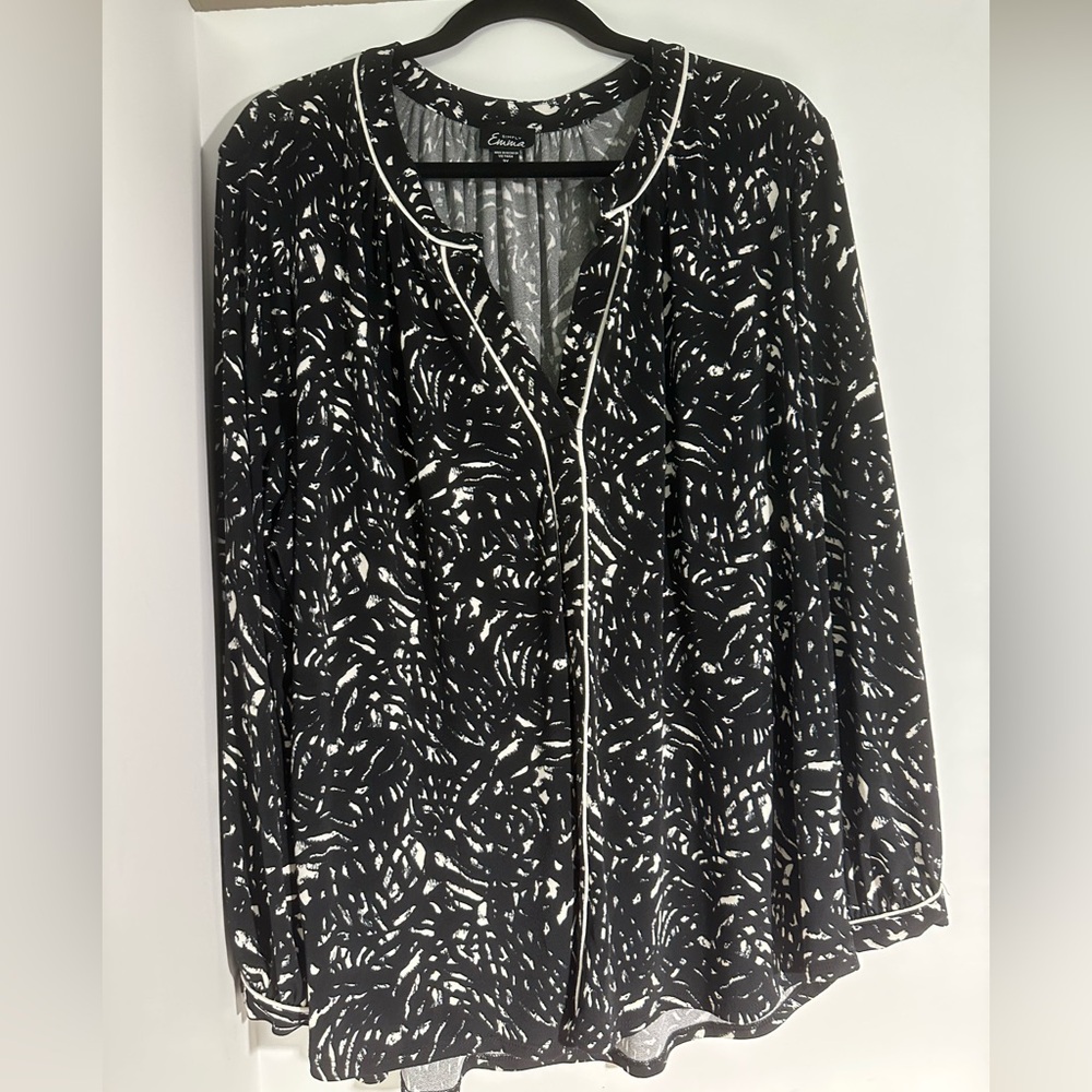 Simply Emma Black and White Patterned Blouse tunic style long sleeves SZ 3X